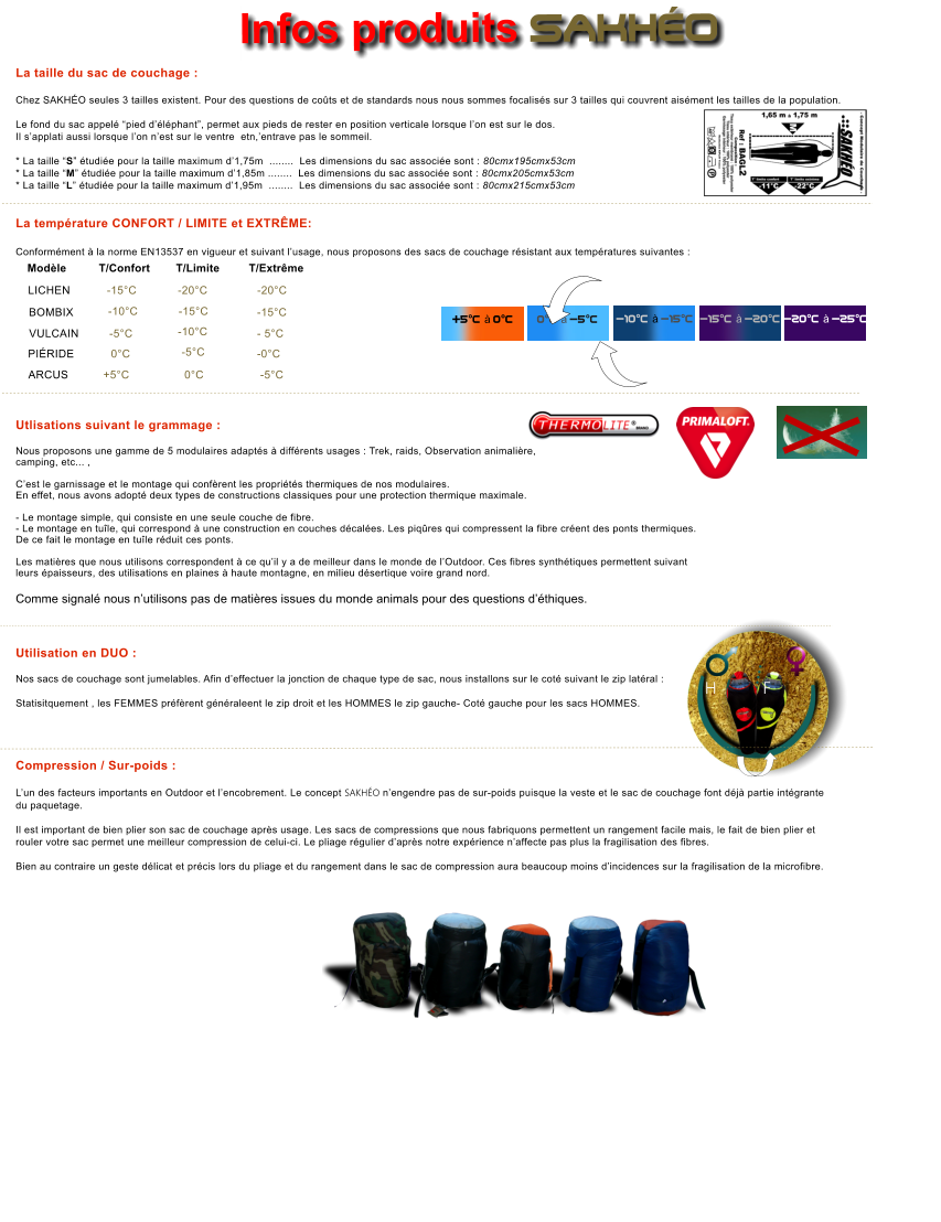 Infos produits SAKHO  H          F Temprature LIMITE conformment  la norme EN13537 Temprature CONFORT -20C  -25C -15C  -20C -10C  -15C  0C  -5C +5C  0C  LICHEN   BOMBIX VULCAIN    PIRIDE   ARCUS   -15C -10C         -5C        0C       +5C   -20C     -15C   -10C           -5C     0C  -20C  -15C  - 5C  -0C  -5C  Modle          T/Confort        T/Limite         T/Extrme  La taille du sac de couchage :  Chez SAKHO seules 3 tailles existent. Pour des questions de cots et de standards nous nous sommes focaliss sur 3 tailles qui couvrent aisment les tailles de la population.  Le fond du sac appel pied dlphant, permet aux pieds de rester en position verticale lorsque lon est sur le dos.  Il sapplati aussi lorsque lon nest sur le ventre  etn,entrave pas le sommeil.  * La taille S tudie pour la taille maximum d1,75m  ........  Les dimensions du sac associe sont : 80cmx195cmx53cm * La taille M tudie pour la taille maximum d1,85m ........  Les dimensions du sac associe sont : 80cmx205cmx53cm * La taille L tudie pour la taille maximum d1,95m  ........  Les dimensions du sac associe sont : 80cmx215cmx53cm   La temprature CONFORT / LIMITE et EXTRME:  Conformment  la norme EN13537 en vigueur et suivant lusage, nous proposons des sacs de couchage rsistant aux tempratures suivantes :                Utlisations suivant le grammage :  Nous proposons une gamme de 5 modulaires adapts  diffrents usages : Trek, raids, Observation animalire,  camping, etc... ,   Cest le garnissage et le montage qui confrent les proprits thermiques de nos modulaires. En effet, nous avons adopt deux types de constructions classiques pour une protection thermique maximale.  - Le montage simple, qui consiste en une seule couche de fibre. - Le montage en tule, qui correspond  une construction en couches dcales. Les piqres qui compressent la fibre crent des ponts thermiques.  De ce fait le montage en tule rduit ces ponts.  Les matires que nous utilisons correspondent  ce quil y a de meilleur dans le monde de lOutdoor. Ces fibres synthtiques permettent suivant  leurs paisseurs, des utilisations en plaines  haute montagne, en milieu dsertique voire grand nord.  Comme signal nous nutilisons pas de matires issues du monde animals pour des questions dthiques.    Utilisation en DUO :  Nos sacs de couchage sont jumelables. Afin deffectuer la jonction de chaque type de sac, nous installons sur le cot suivant le zip latral :  Statisitquement , les FEMMES prfrent gnraleent le zip droit et les HOMMES le zip gauche- Cot gauche pour les sacs HOMMES.     Compression / Sur-poids :  Lun des facteurs importants en Outdoor et lencobrement. Le concept SAKHO nengendre pas de sur-poids puisque la veste et le sac de couchage font dj partie intgrante  du paquetage.  Il est important de bien plier son sac de couchage aprs usage. Les sacs de compressions que nous fabriquons permettent un rangement facile mais, le fait de bien plier et  rouler votre sac permet une meilleur compression de celui-ci. Le pliage rgulier daprs notre exprience naffecte pas plus la fragilisation des fibres.   Bien au contraire un geste dlicat et prcis lors du pliage et du rangement dans le sac de compression aura beaucoup moins dincidences sur la fragilisation de la microfibre.